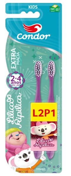 Escova Condor Dental Kids Lilica Ripilica Extra Macia L2P1 2 a 4 anos    