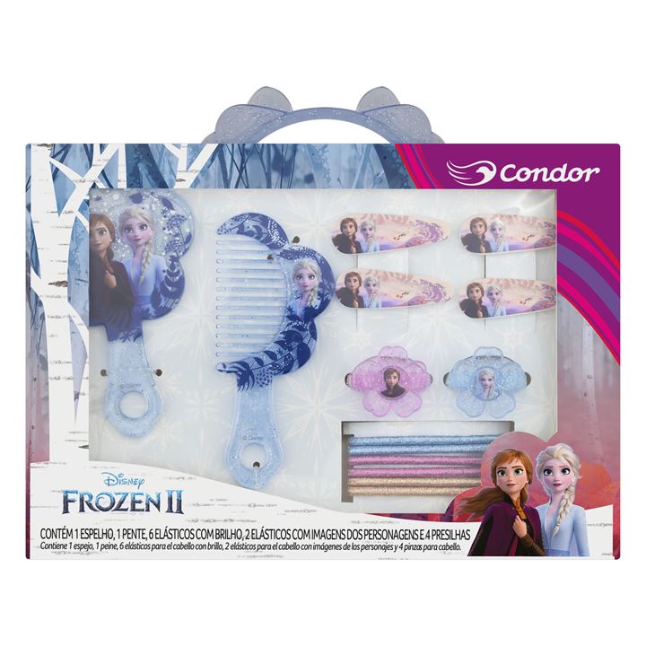 Kit Condor Frozen II com 1 Espelho, 1 Pente, 8 Elásticos e 4 Presilhas.REF 9875