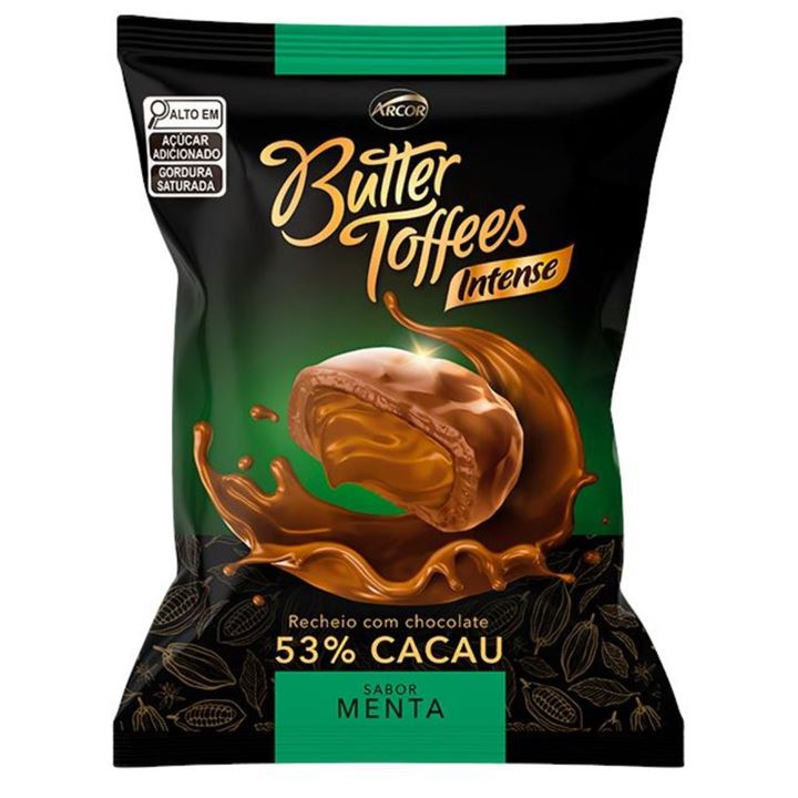 Arcor Butter Toffees Intense 53% Cacau. Sabor Chokko Menta. Embalagem 500g.